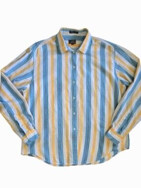 John Henry Striped Button Up Shirt Women's Size 10 Cotton Blue Yellow White